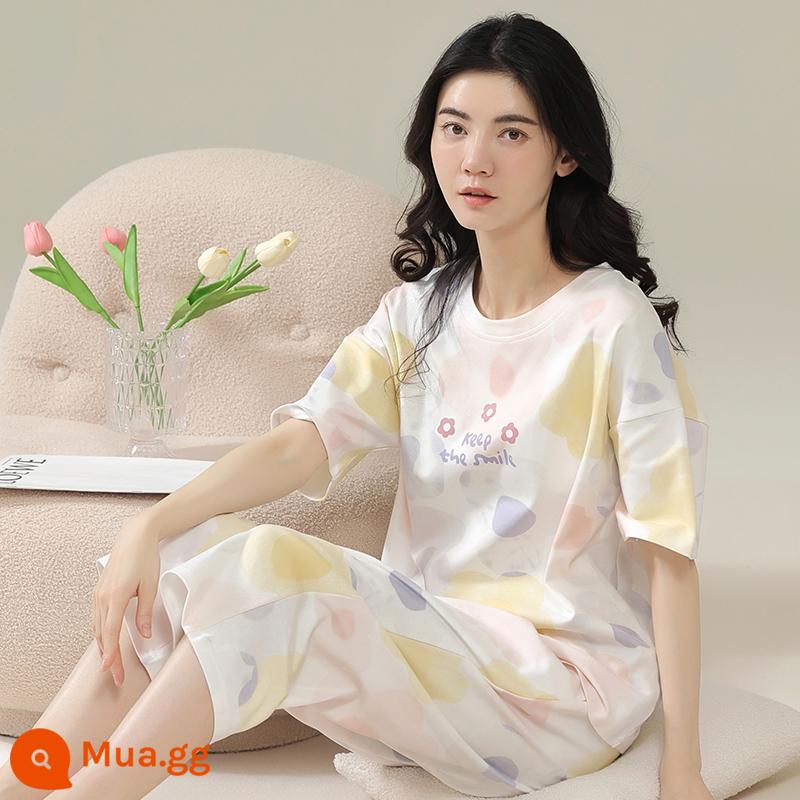 Bộ đồ ngủ bằng cotton nguyên chất Nanjiren dành cho nữ mùa hè ngắn tay bảy điểm Bộ đồ phục vụ tại nhà cho nữ 2023 mỏng mùa hè mới - Huahua 7008 thanh lịch