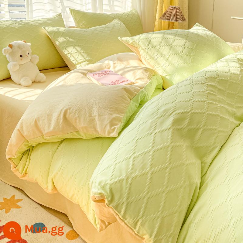 Giặt cotton seersucker giường 4 mảnh mùa hè băng lụa không cotton bông nguyên chất ký túc xá giường đơn vỏ chăn 3 bộ - Hình dạng kim cương - cỏ xanh mềm mại [bảo hiểm mềm mại và thoải mái/miễn phí vận chuyển]