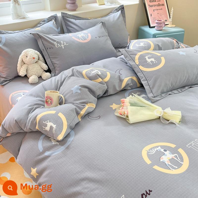 Đơn Giản Chải Cotton 4 Bộ Chăn Ga Gối 100 Cotton Mùa Đông Dày Drap Giường Vỏ Chăn Ký Túc Xá 3 Bộ 4 - Hươu đầy màu sắc