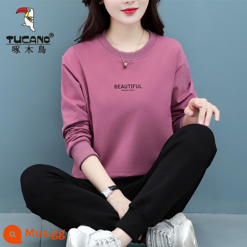 Bộ đồ thể thao cotton cao cấp hàng hiệu dành cho nữ mùa xuân thu đông thời trang mới size lớn của mẹ Bộ đồ hai mảnh dài tay thường ngày - Hồng và tím không nhung [bộ hai món]