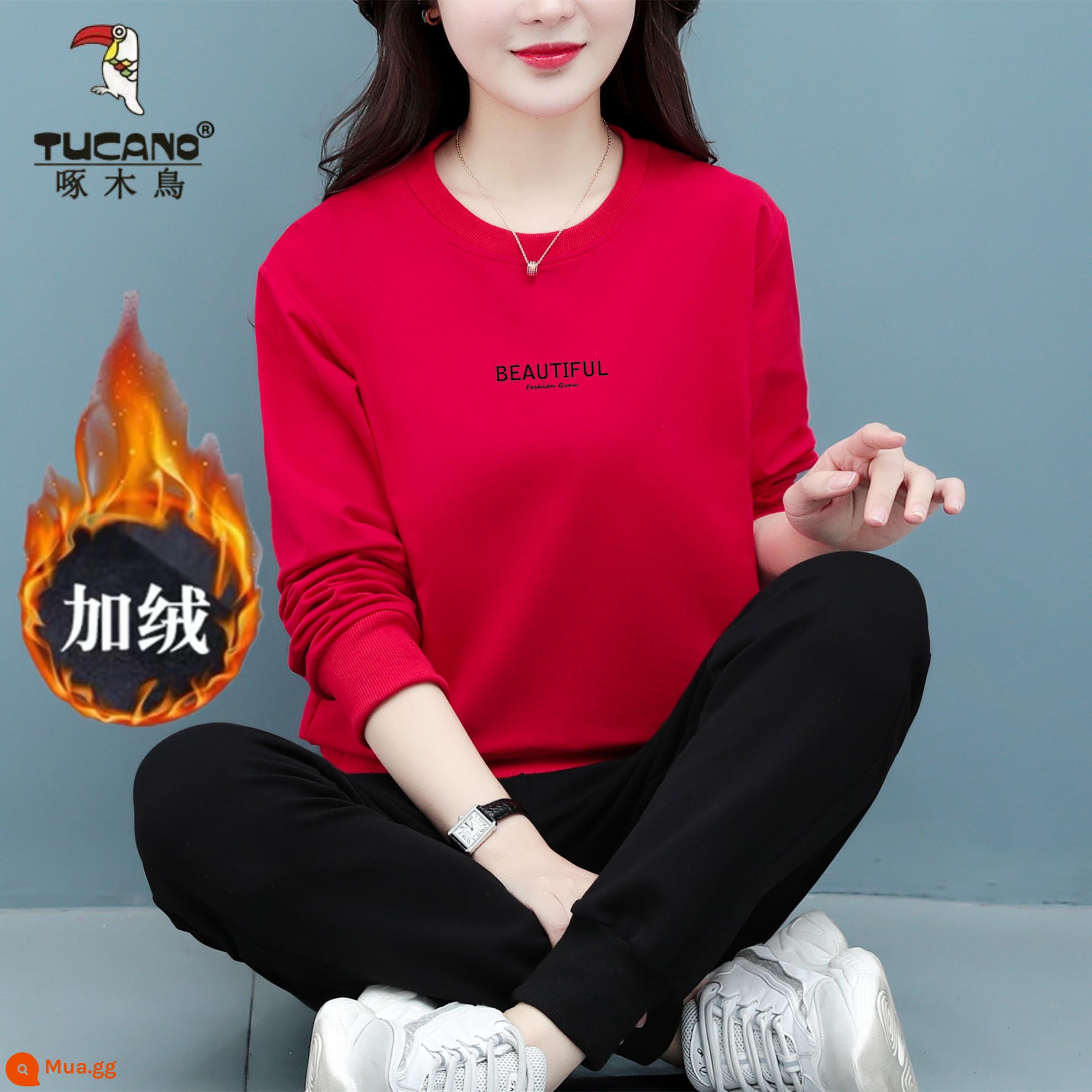 Bộ đồ thể thao cotton cao cấp hàng hiệu dành cho nữ mùa xuân thu đông thời trang mới size lớn của mẹ Bộ đồ hai mảnh dài tay thường ngày - Màu đỏ cộng với nhung [bộ hai món]