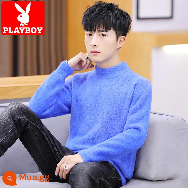 Playboy Chồn Nhung Áo Len Cao Cổ Nam Xu Hướng Xuân Thu Bên Trong Áo Len Plus Nhung Dày Ấm Dệt Kim - 741 nửa cao cổ màu xanh