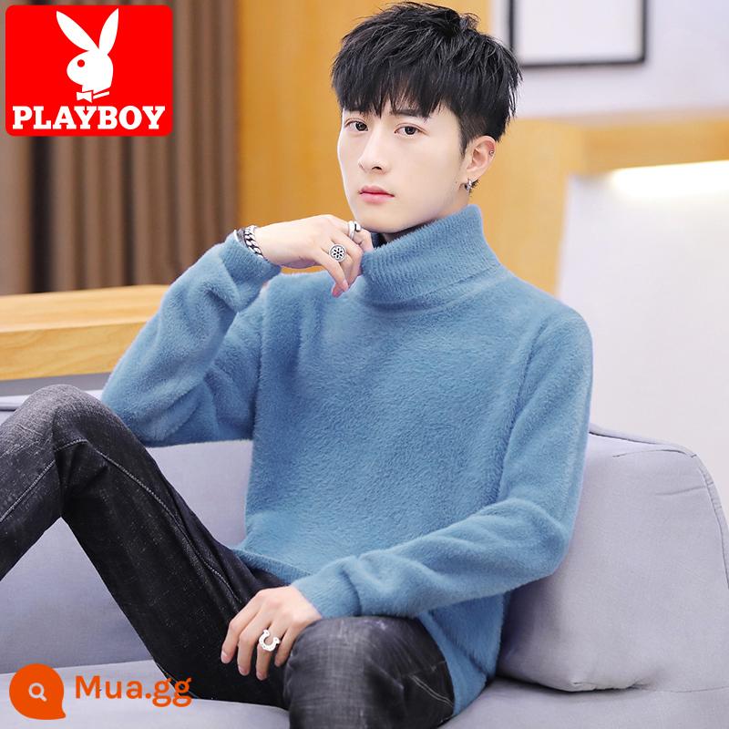 Playboy Chồn Nhung Áo Len Cao Cổ Nam Xu Hướng Xuân Thu Bên Trong Áo Len Plus Nhung Dày Ấm Dệt Kim - 742 cổ cao màu xanh