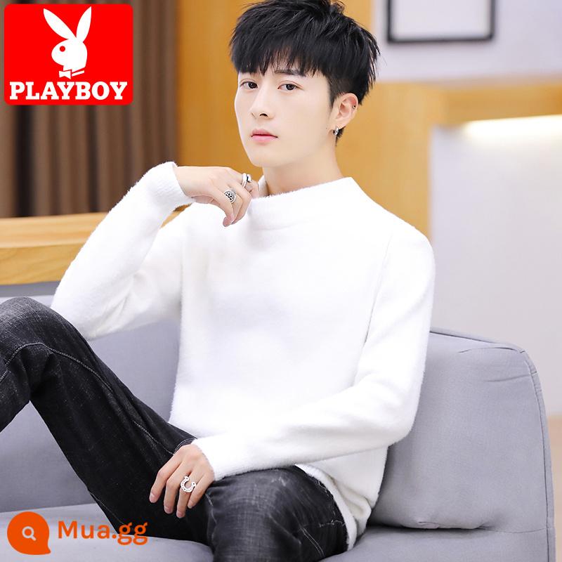 Playboy Chồn Nhung Áo Len Cao Cổ Nam Xu Hướng Xuân Thu Bên Trong Áo Len Plus Nhung Dày Ấm Dệt Kim - 741 nửa cổ cao màu trắng