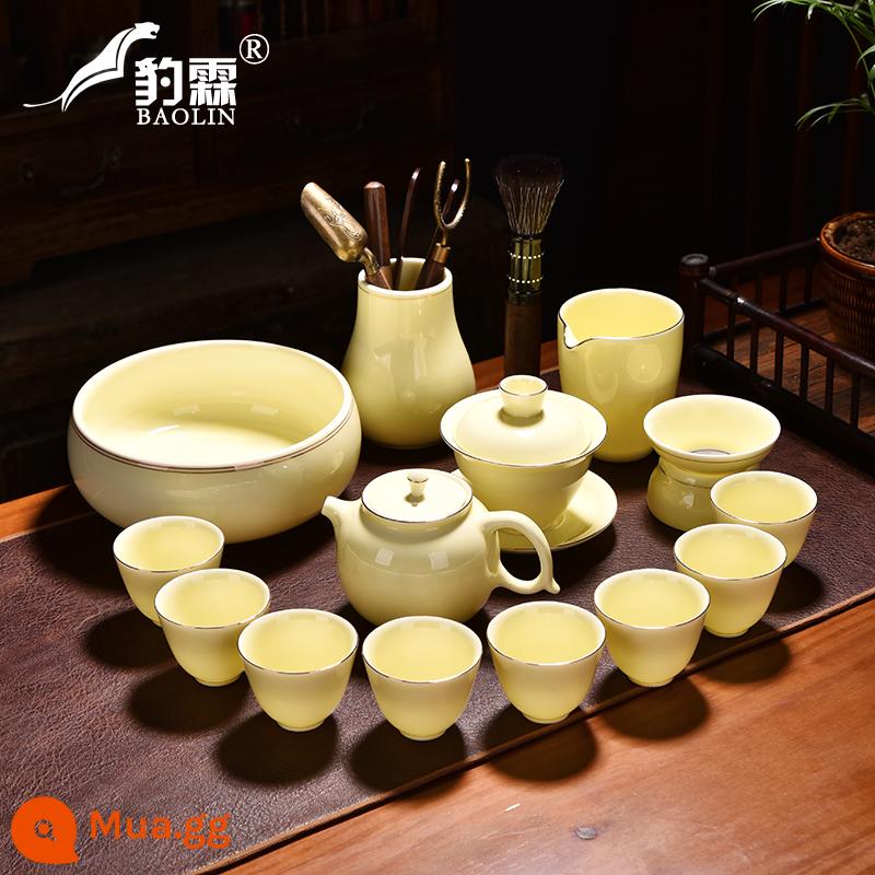 Bộ ấm trà Gaiwan nhà nhẹ sang trọng Kung Fu Hộp quà tặng cao cấp Gaiwan suet ngọc topaz bộ văn phòng - Chén Zhongli 15 đầu mạ vàng đá quý (kèm ấm + liễn + 2 chén + nước rửa + trà đạo)