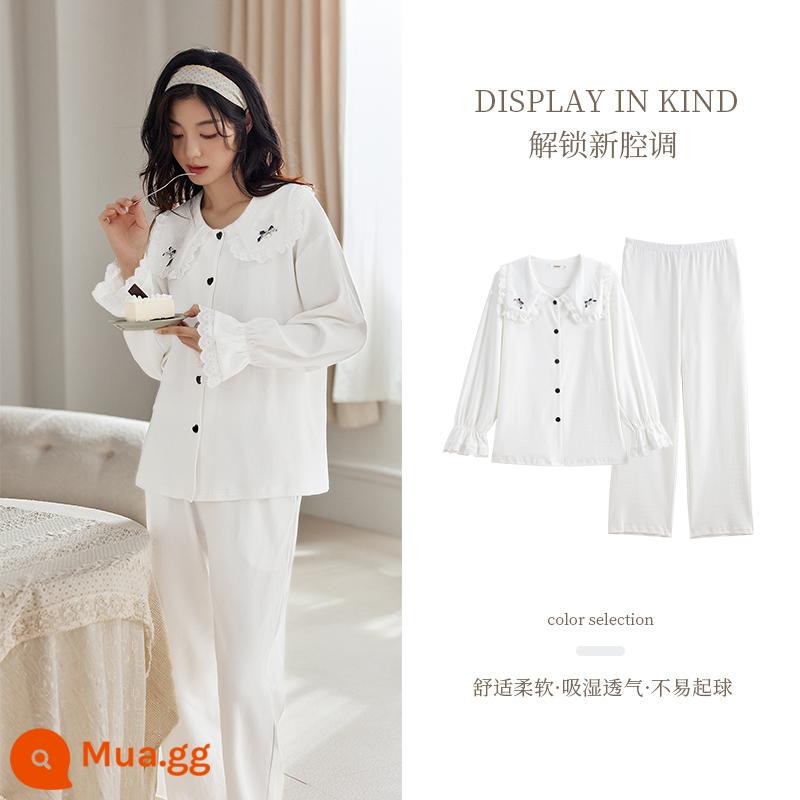 Bộ đồ ngủ cotton nguyên chất Millennium horse dài tay mùa thu cho nữ phần mỏng có thể mặc bên ngoài bộ đồ phục vụ tại nhà cotton mùa xuân và mùa thu cỡ lớn - 33496 Lê Hoa Trắng [Vải Kháng Khuẩn]