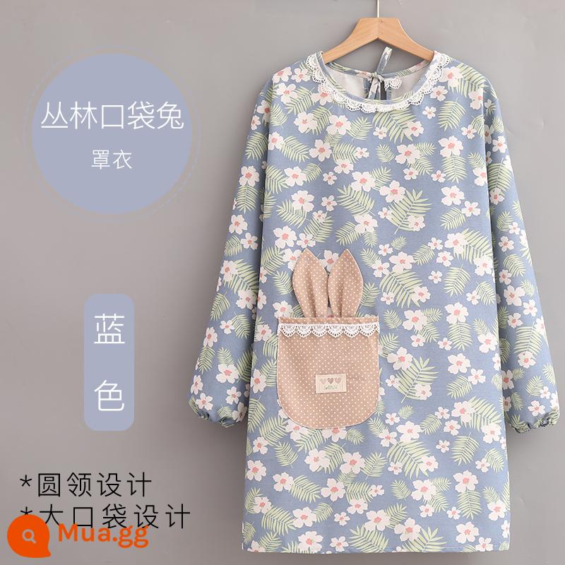 Tay Dài Tạp Dề Nấu Ăn Nữ Nhà Bếp Dễ Thương Hộ Gia Đình Vải Cotton Nhật Thoáng Khí Chịu Mài Mòn Chống Dầu Người Lớn Coverall Áo Liền Quần - Màu xanh lam (Áo kiểu thỏ bỏ túi trong rừng)