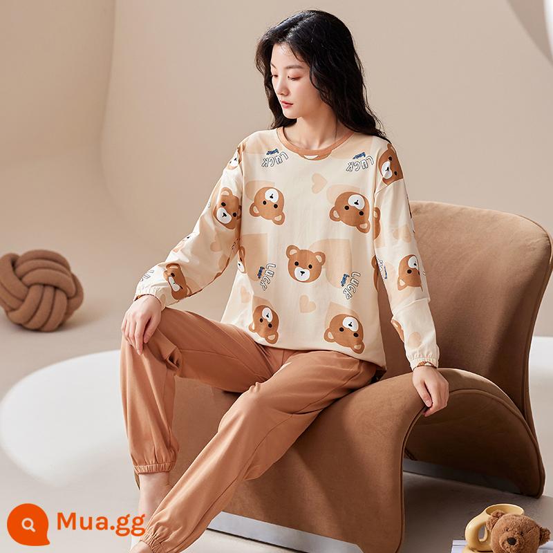 2023 bộ đồ ngủ mùa thu mới của phụ nữ mùa xuân và mùa thu cotton nguyên chất dài tay có thể đi ra ngoài bình thường lưới đỏ mùa đông dịch vụ gia đình phù hợp với - QG88727