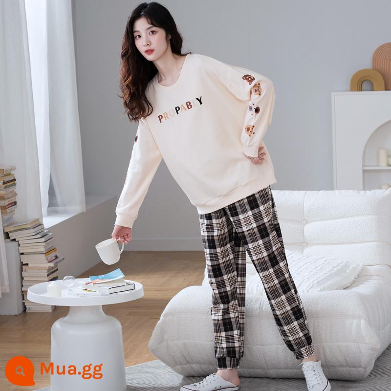 2023 bộ đồ ngủ mùa thu mới của phụ nữ mùa xuân và mùa thu cotton nguyên chất dài tay có thể đi ra ngoài bình thường lưới đỏ mùa đông dịch vụ gia đình phù hợp với - Mẫu nữ HX5906