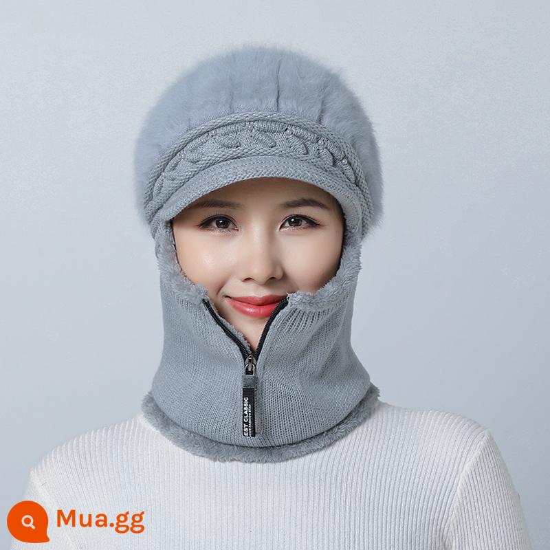 Mũ dành cho nữ, áo hoodie mùa đông, bà mẹ trung niên và người già, mũ len dày nhung, bà đi xe đạp mũ và khăn quàng cổ chống gió ấm áp - 1915 màu xám