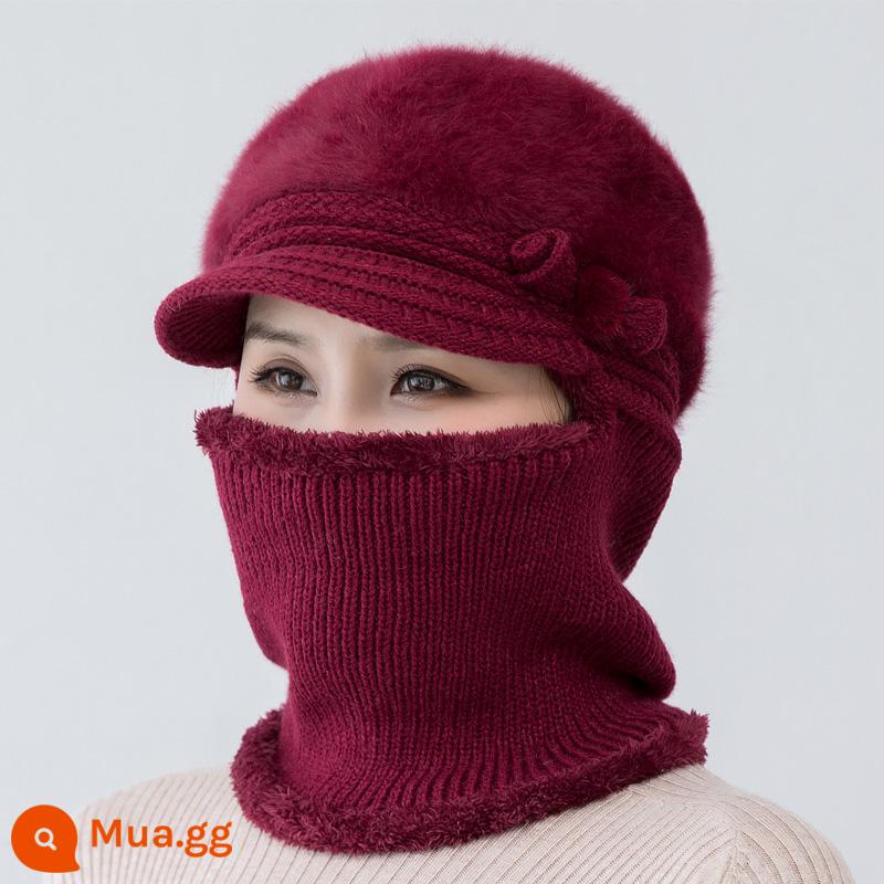 Mũ dành cho nữ, áo hoodie mùa đông, bà mẹ trung niên và người già, mũ len dày nhung, bà đi xe đạp mũ và khăn quàng cổ chống gió ấm áp - 187 màu đỏ sẫm