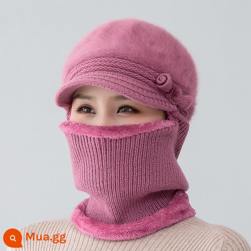 Mũ dành cho nữ, áo hoodie mùa đông, bà mẹ trung niên và người già, mũ len dày nhung, bà đi xe đạp mũ và khăn quàng cổ chống gió ấm áp - 187 da màu hồng