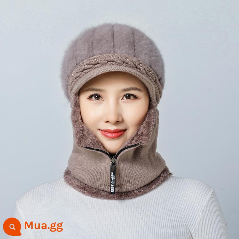 Mũ dành cho nữ, áo hoodie mùa đông, bà mẹ trung niên và người già, mũ len dày nhung, bà đi xe đạp mũ và khăn quàng cổ chống gió ấm áp - Màu cà phê 1915