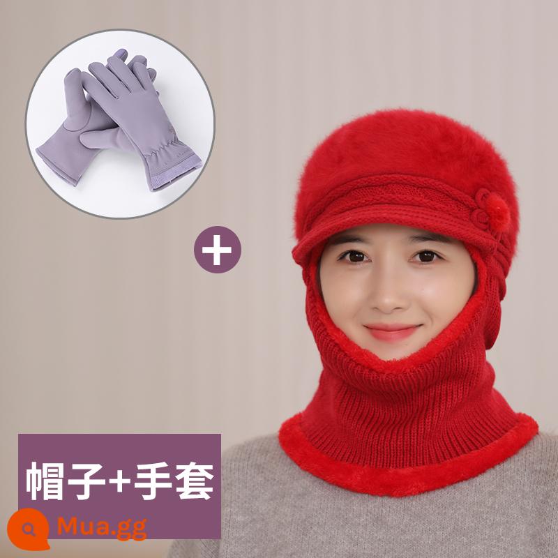 Mũ dành cho nữ, áo hoodie mùa đông, bà mẹ trung niên và người già, mũ len dày nhung, bà đi xe đạp mũ và khăn quàng cổ chống gió ấm áp - Bộ đồ đỏ [mũ + găng tay nhung]