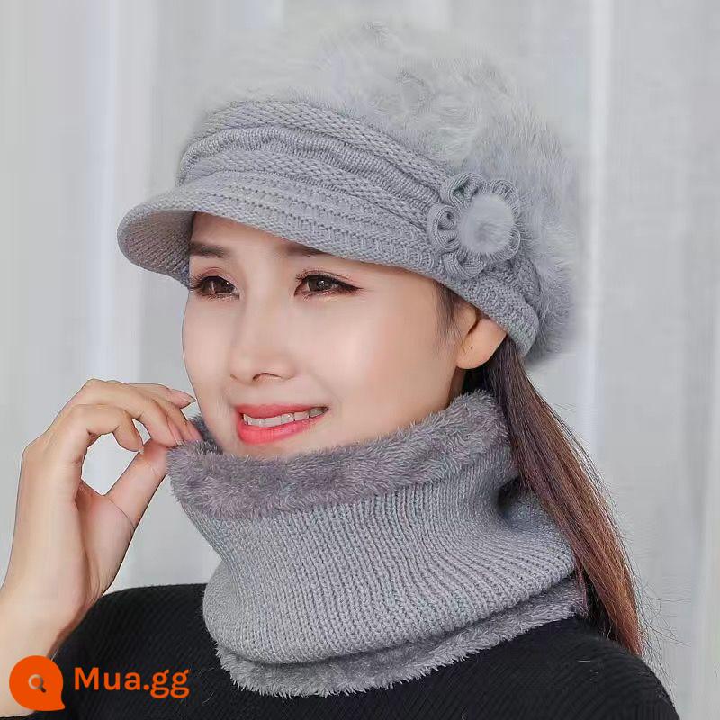 Mũ dành cho nữ, áo hoodie mùa đông, bà mẹ trung niên và người già, mũ len dày nhung, bà đi xe đạp mũ và khăn quàng cổ chống gió ấm áp - Xám [mũ + khăn]