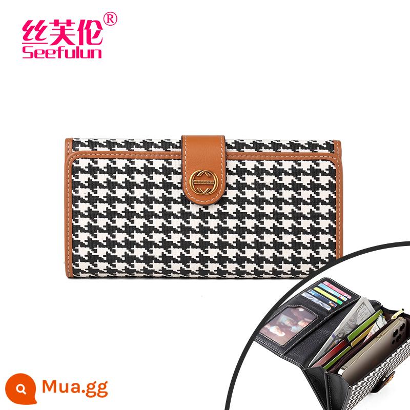 Ví houndstooth phiên bản dài thời trang nữ tính 2022 ví cầm tay mới bằng da túi xách nhỏ để phóng to điện thoại di động - Màu caramel Houndstooth