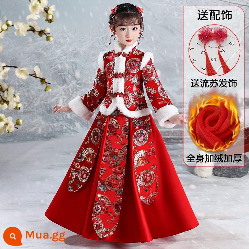 Quần áo mùa đông Hanfu cho bé gái 2022 trẻ em mới dày dặn phong cách Trung Quốc Đường phù hợp với mùa đông Trang phục cổ trang năm mới Lời chúc mừng năm mới quần áo mùa đông - 8927 red plus nhung [phụ kiện tóc tua rua miễn phí]