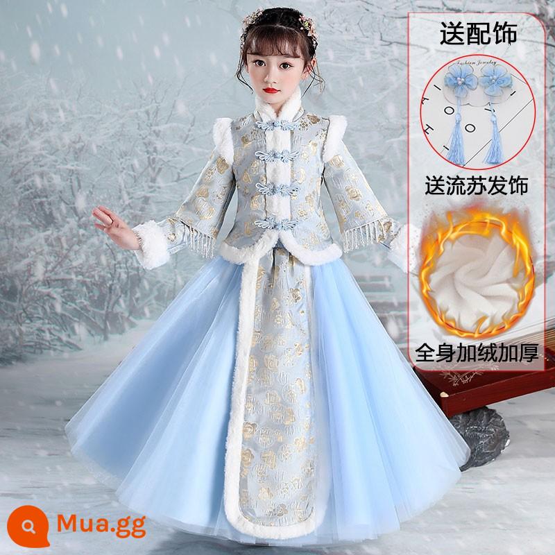 Quần áo mùa đông Hanfu cho bé gái 2022 trẻ em mới dày dặn phong cách Trung Quốc Đường phù hợp với mùa đông Trang phục cổ trang năm mới Lời chúc mừng năm mới quần áo mùa đông - Màu xanh cộng với nhung [phụ kiện tóc tua rua miễn phí]