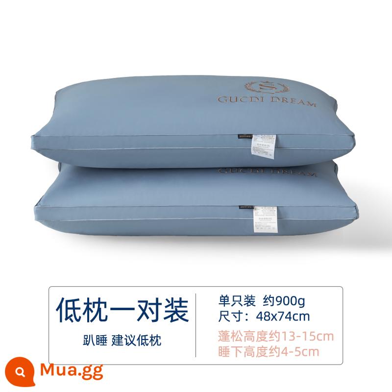 Gối cotton kháng khuẩn lõi gối hai người 1 hộ gia đình không xẹp khách sạn gối đơn nam trái tim cả đầu gối cao thấp - Gối thêu xanh thấp [bộ đôi vải 100% cotton]