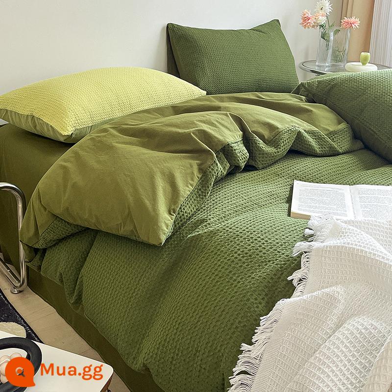 Giường bánh quế 4 món cotton nguyên chất 100 cotton giặt cotton đơn giản giường đơn ga trải giường vỏ chăn 3 món 4 - bánh quế màu xanh đậm