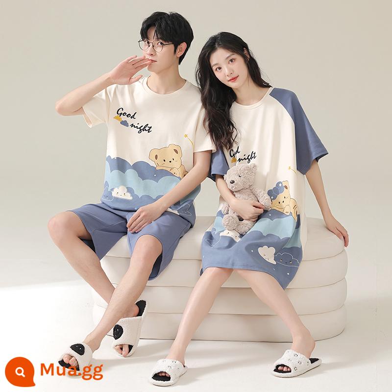 Bộ đồ ngủ cặp đôi mùa hè cotton nguyên chất ngắn tay nữ hoạt hình ngọt ngào và dễ thương nam có thể mặc áo len mỏng phục vụ tại nhà - XGLC58230