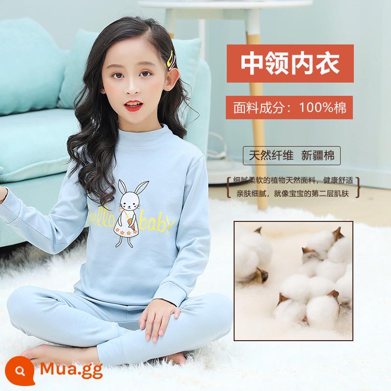 Quần áo mùa thu Nanjiren bé gái Bộ quần vệ sinh cotton nguyên chất mùa xuân và mùa thu mỏng bộ đồ ngủ trẻ em áo len cotton đồ lót trẻ em - Cổ áo trung tâm màu xanh thỏ (cổ áo trung tâm)