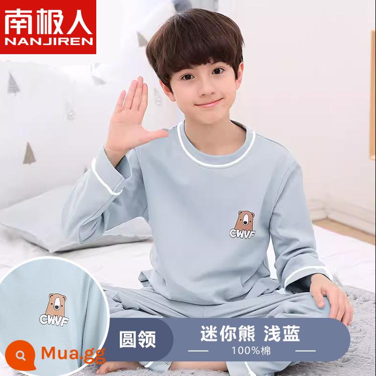 Bộ đồ ngủ trẻ em Nanjiren bé trai cotton dài tay mùa thu mỏng phần bé trai trung và lớn bé phục vụ tại nhà phù hợp với mùa hè - Gấu nhỏ màu xanh nhạt