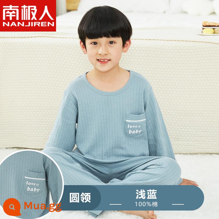 Bộ đồ ngủ trẻ em Nanjiren bé trai cotton dài tay mùa thu mỏng phần bé trai trung và lớn bé phục vụ tại nhà phù hợp với mùa hè - xanh nhạt