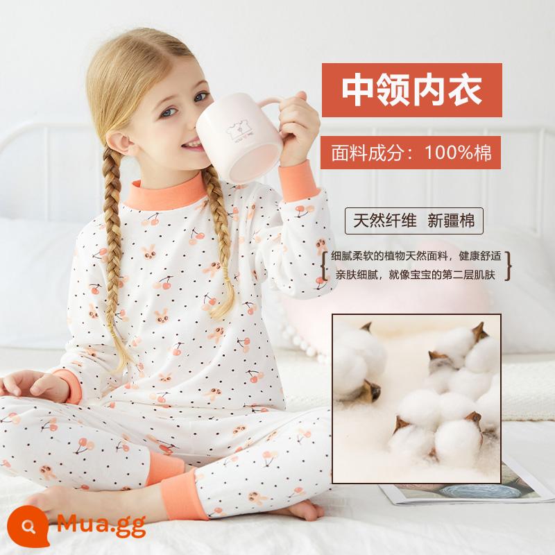 Quần áo mùa thu Nanjiren bé gái Bộ quần vệ sinh cotton nguyên chất mùa xuân và mùa thu mỏng bộ đồ ngủ trẻ em áo len cotton đồ lót trẻ em - Cổ vừa nhỏ màu hồng anh đào (cổ giữa)