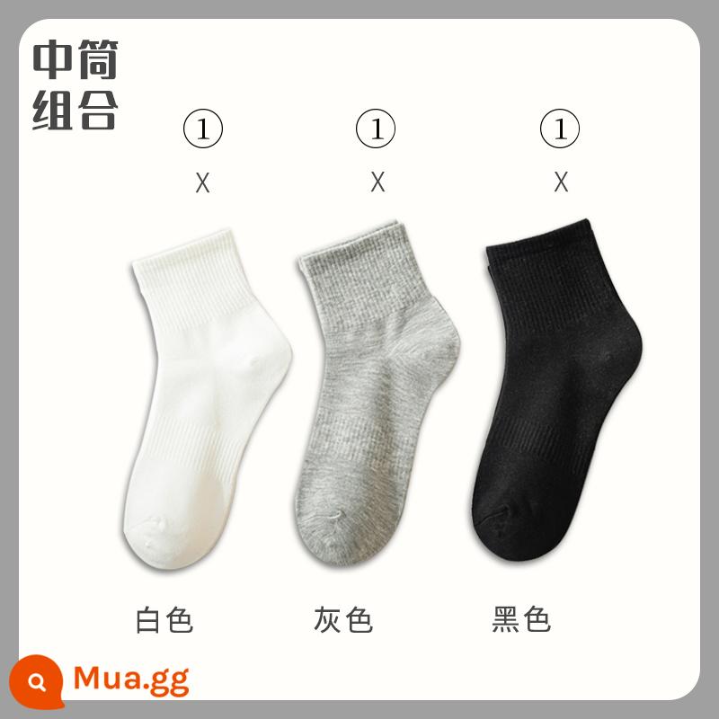 Vớ cotton nam Mid -Autumn Mid -Mid -Worn Sports Sports Long Long Winter Men's Peated Color - "Ống vừa dày đáy khăn" trắng + xám + đen