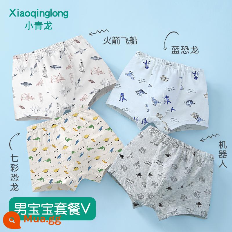 Quần lót boxer trẻ em Xiaoqinglong quần đùi cotton nguyên chất cho bé trai và bé gái 2-18 tuổi hoạt hình quần đùi trẻ em cỡ vừa và lớn - Bộ nam V (4 món)