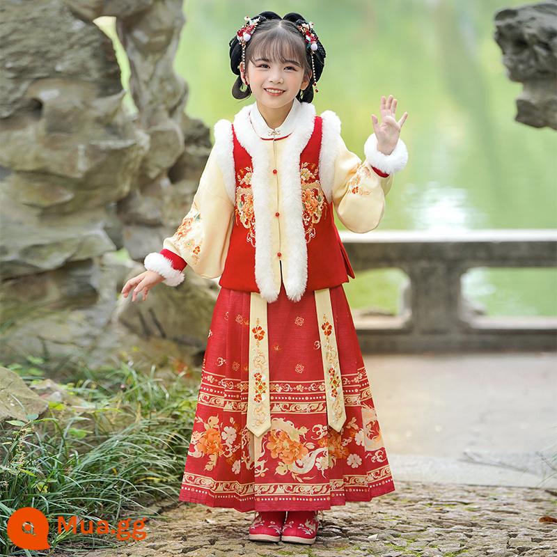 Hanfu bé gái mùa đông dày nhà Minh làm váy ngựa phù hợp với mùa đông 2023 trẻ em mới Tang phù hợp với lời chào năm mới mùa thu đông - SL2917 màu đỏ