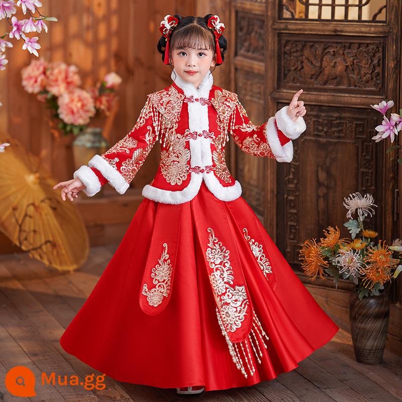 Trang phục mùa đông Hanfu cho bé gái Lời chào năm mới mùa đông mới cho trẻ em Bộ đồ nhà Đường phong cách Trung Hoa Quần áo năm mới cho bé gái Quần áo mùa thu đông - A472 đỏ cộng nhung