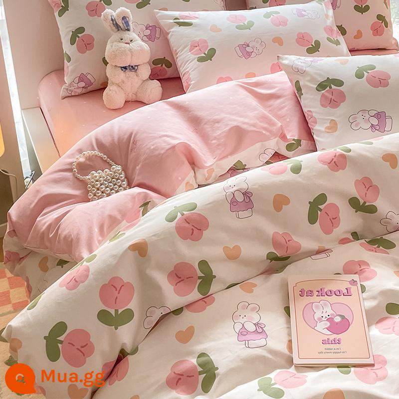 Hoạt Hình Bộ 4 Món Cotton 100 Cotton Vỏ Chăn Ga Giường Lưới Đỏ Ký Túc Xá Sinh Viên Giường 3 Món Bộ Vỏ Chăn Ins Phong Cách - Thỏ Tulip [Bông]