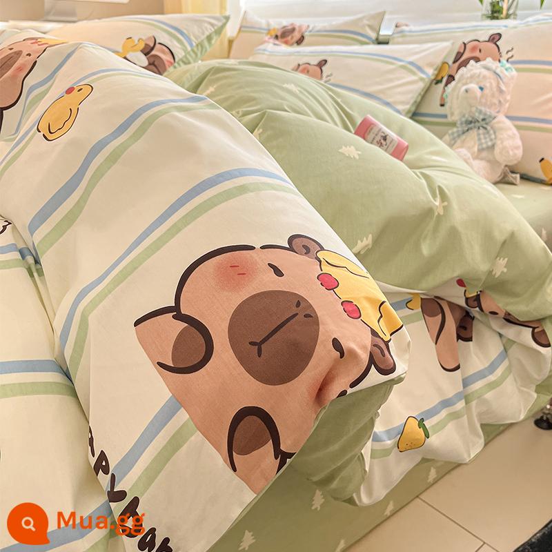 Bộ bốn mảnh giường cotton nguyên chất hoạt hình 100 cotton dễ thương Bộ đồ giường trẻ em ký túc xá sinh viên Khăn trải giường và vỏ chăn Bộ ba mảnh 4 - Dễ thương [100% cotton]