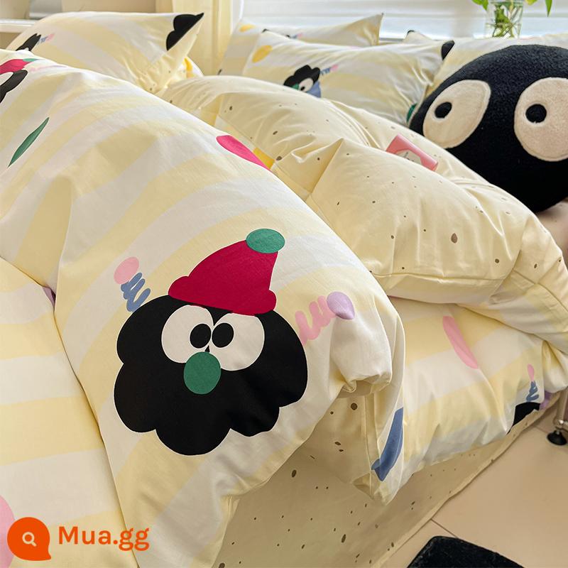 Bộ bốn mảnh giường cotton nguyên chất hoạt hình 100 cotton dễ thương Bộ đồ giường trẻ em ký túc xá sinh viên Khăn trải giường và vỏ chăn Bộ ba mảnh 4 - Hairball Duoduo [100% cotton]