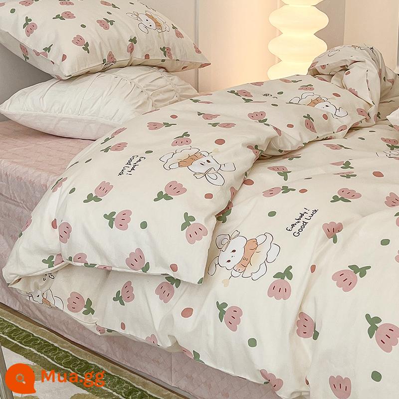 Hoạt Hình Bộ 4 Món Cotton 100 Cotton Vỏ Chăn Ga Giường Lưới Đỏ Ký Túc Xá Sinh Viên Giường 3 Món Bộ Vỏ Chăn Ins Phong Cách - Thỏ Tulip Hồng [Cotton]