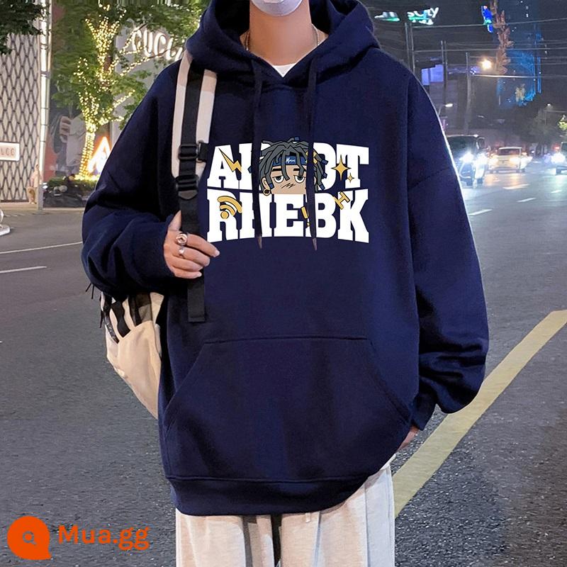 Xu hướng quốc gia áo nỉ có mũ rộng rãi cho nam mùa thu đông 2023 cặp đôi mới Áo hoodie chui đầu thương hiệu thời trang dành cho bé trai của Mỹ - xanh hải quân