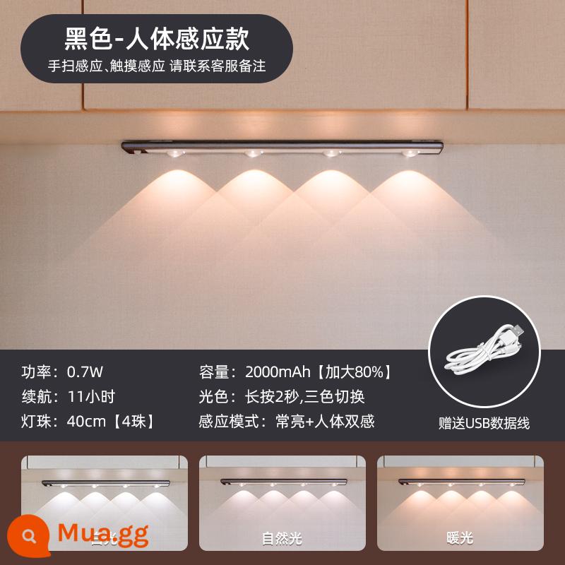 đèn led có thể sạc lại đèn mắt mèo đèn cảm ứng cơ thể người với tủ giày tự dính không dây, tủ quần áo, tủ rượu, dải ánh sáng, không có dây - [Đèn gợn sóng mắt mèo loại cơ thể người-4 hạt] [Loại màu đen 40cm]