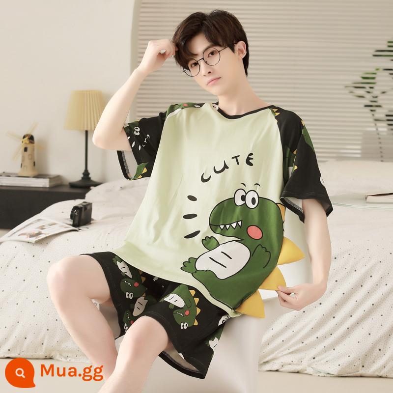 Bộ đồ ngủ nam cotton mùa hè tay ngắn hoạt hình trẻ trung mùa hè mỏng phần cotton phục vụ tại nhà phù hợp với sinh viên - N2035 khủng long dễ thương