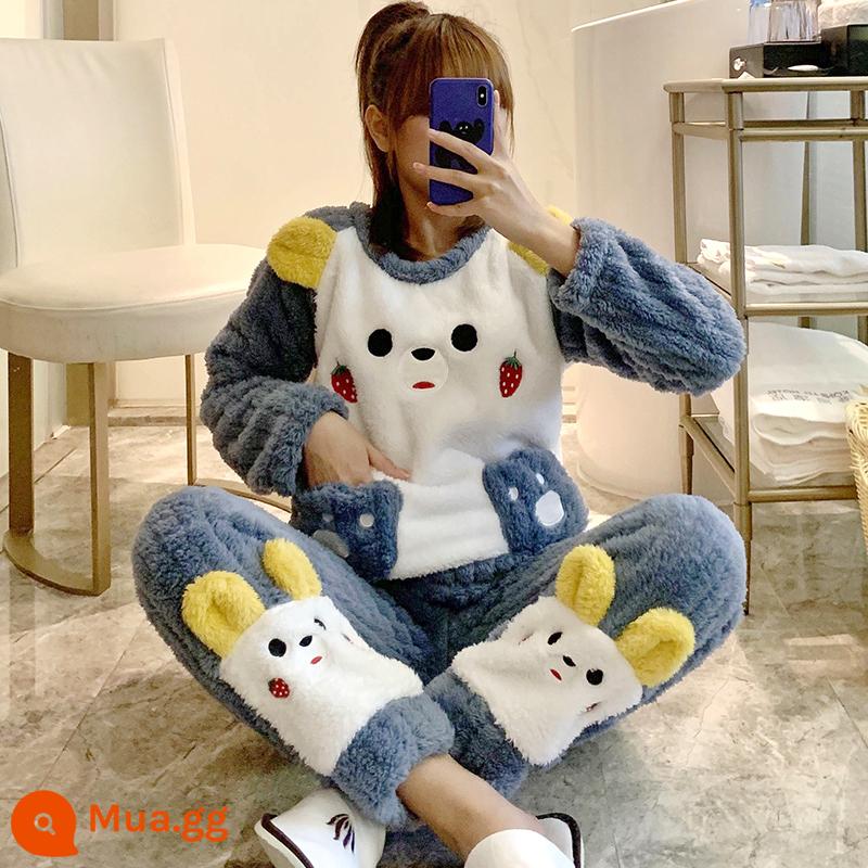 Phụ nữ san hô nhung pyjamas mùa thu và mùa đông dày lên và nhung thiếu niên mùa đông được rót mũ trùm đầu hoạt hình lớn - F82141