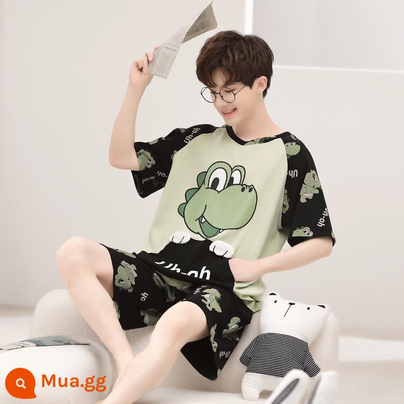 Bộ đồ ngủ nam cotton mùa hè tay ngắn hoạt hình trẻ trung mùa hè mỏng phần cotton phục vụ tại nhà phù hợp với sinh viên - Khủng long bỏ túi N2031