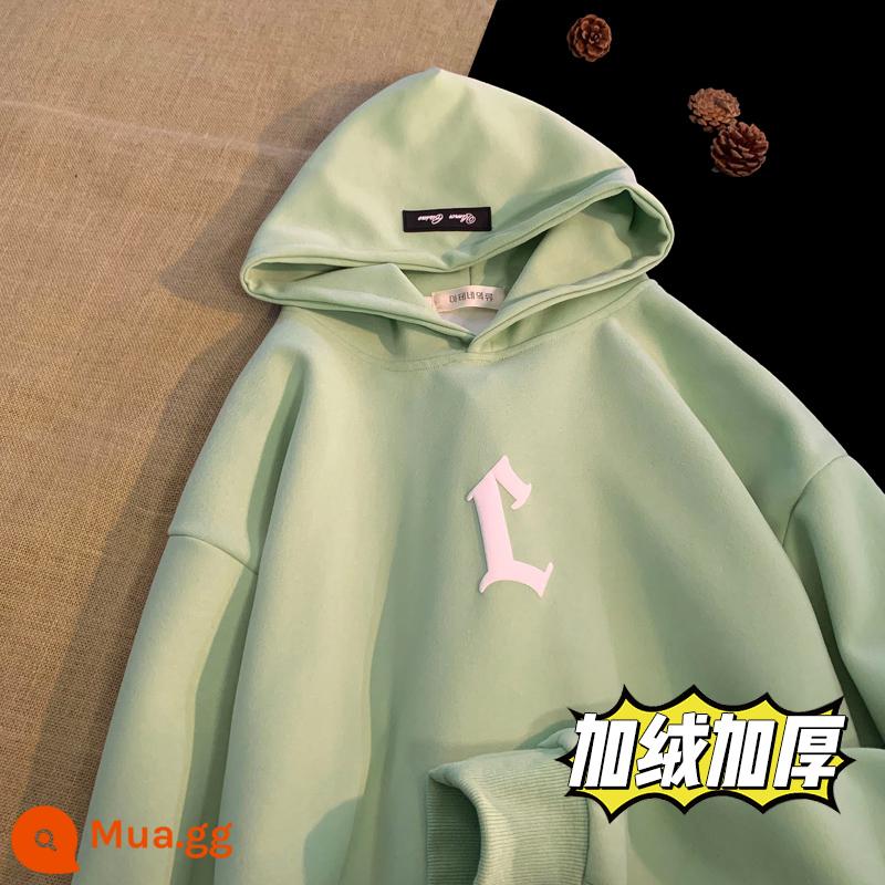 Nặng Hoodie Nam Thu Đông 2022 Mới Plus Nhung Dày Triều Thương Hiệu Cặp Đôi Mỹ Rung Cảm Áo Khoác Retro - Quả màu xanh (cộng với nhung)