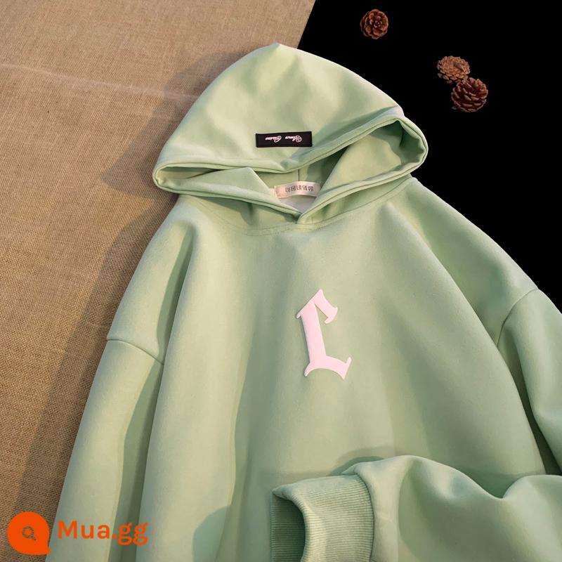 Nặng Hoodie Nam Thu Đông 2022 Mới Plus Nhung Dày Triều Thương Hiệu Cặp Đôi Mỹ Rung Cảm Áo Khoác Retro - trái cây xanh