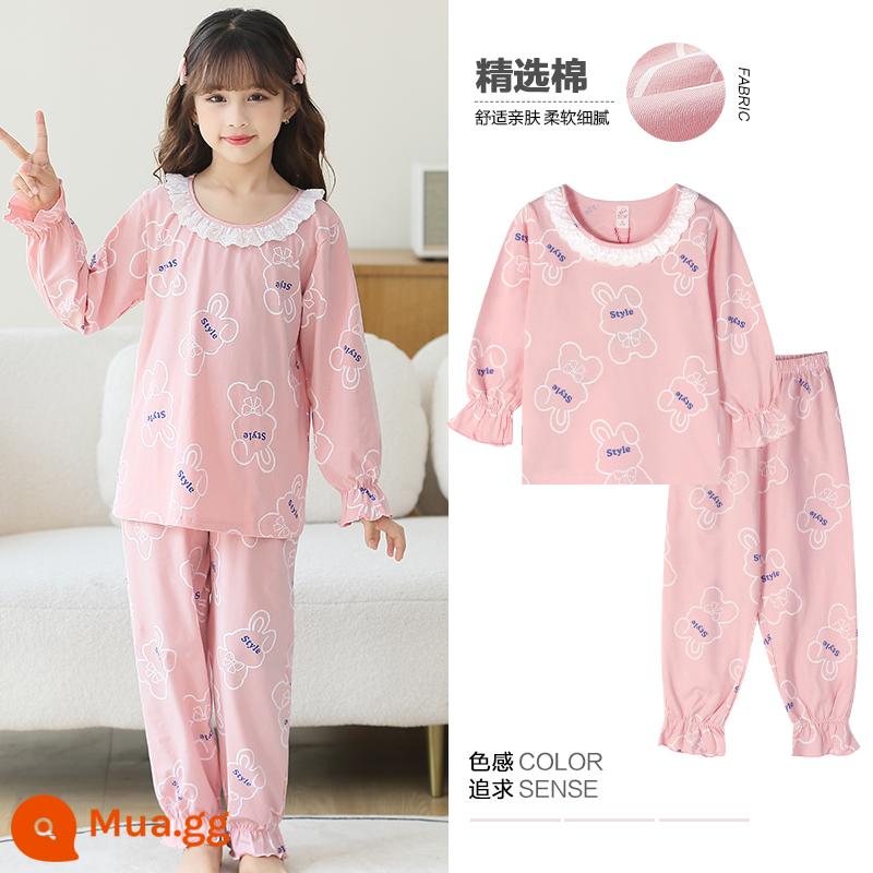 Bộ đồ ngủ bé gái mùa xuân và mùa thu cotton nguyên chất dài tay phù hợp với trẻ em phim hoạt hình dễ thương bé gái lớn quần áo ở nhà trẻ em mới 2023 - 43003--Hồng