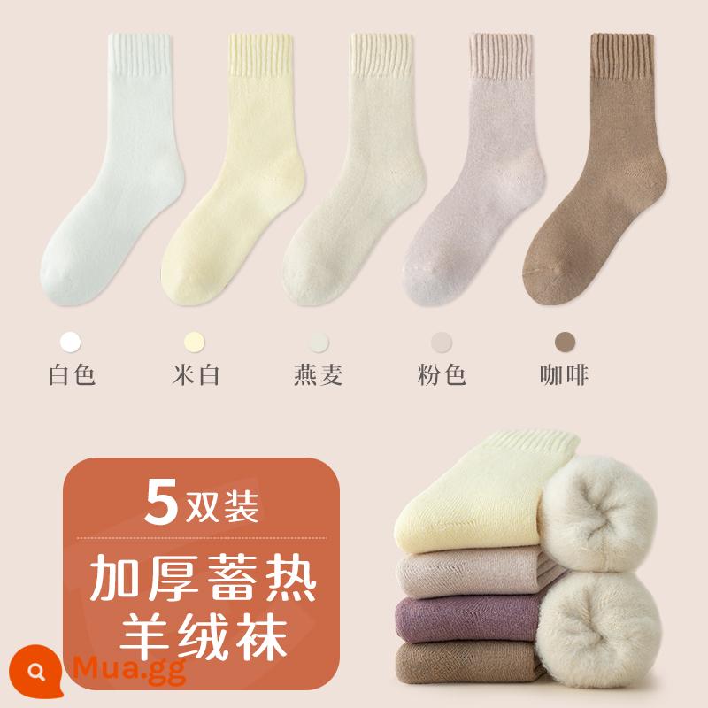 Tất len ​​cashmere dành cho nữ trong mùa thu đông Tất len ​​dài đến bắp chân dày dặn và ấm áp Tất cotton nguyên chất không xương giữ ấm mùa đông cộng với tất nhung - [5 đôi/casmere mềm thân thiện với da] trắng + trắng nhạt + bột yến mạch + hồng + cà phê