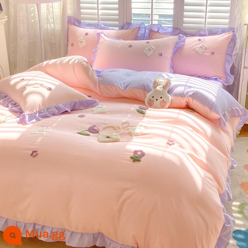 Dày giặt cotton giường 4 không cotton nguyên chất chăn ga gối đệm ký túc xá công chúa gió vỏ chăn 3 bộ giường ngủ - Tulip Thỏ-Hồng và Tím