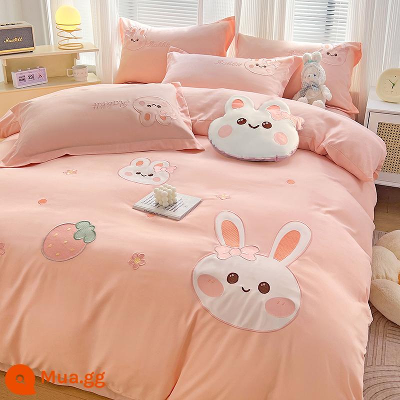 Dày giặt cotton giường 4 không cotton nguyên chất chăn ga gối đệm ký túc xá công chúa gió vỏ chăn 3 bộ giường ngủ - Thỏ hồng dễ thương