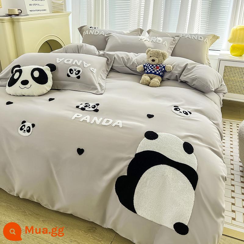 Dày giặt cotton giường 4 không cotton nguyên chất chăn ga gối đệm ký túc xá công chúa gió vỏ chăn 3 bộ giường ngủ - Panda Dudu-màu xám