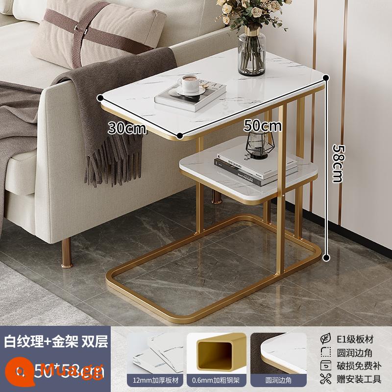 Sofa bên tủ bên bàn phòng khách nhà bàn trà giá đầu giường đầu giường ban công mini bàn cà phê nhỏ bàn - [❤Nâng cấp sang trọng nhẹ] Hai lớp kết cấu màu trắng 50 * 30 cm + khung vàng